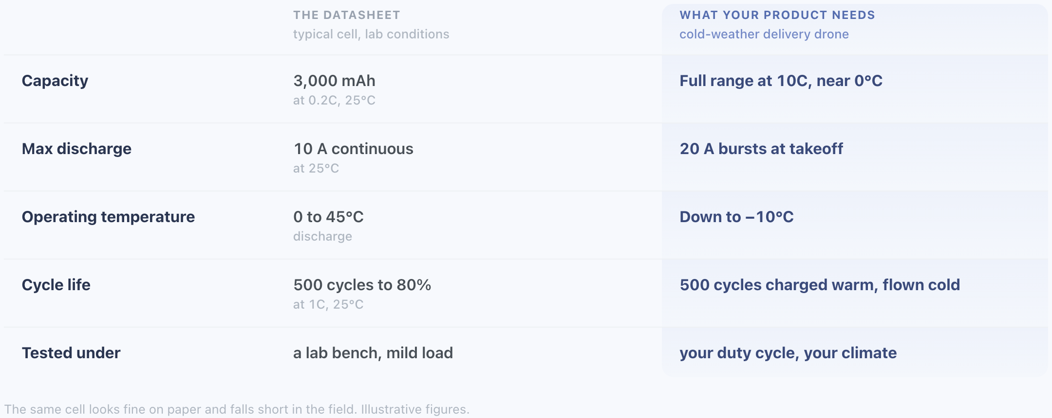 A typical cell datasheet next to the real demands of a cold-weather delivery drone: nominal capacity, discharge, temperature range and cycle life measured on a lab bench at 25 degrees C and low current, against full capacity at 10C near freezing, 20 A takeoff bursts, and operation down to minus 10 degrees C.