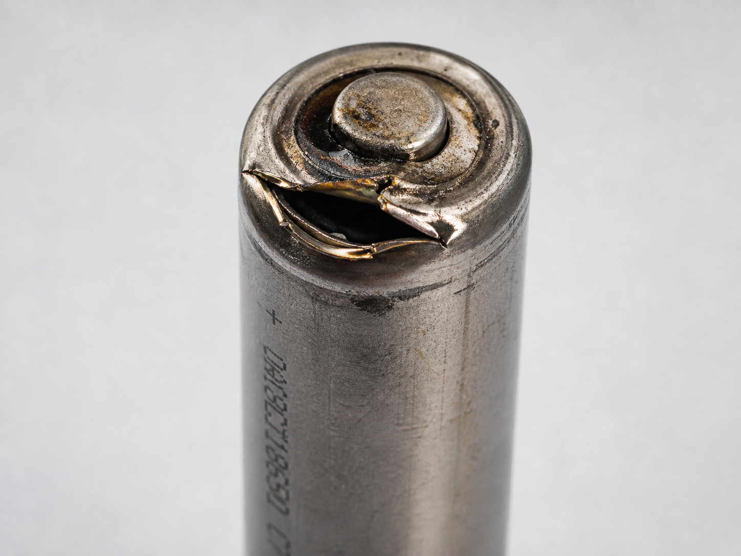 Cylindrical cell with vent blown open after abuse testing
